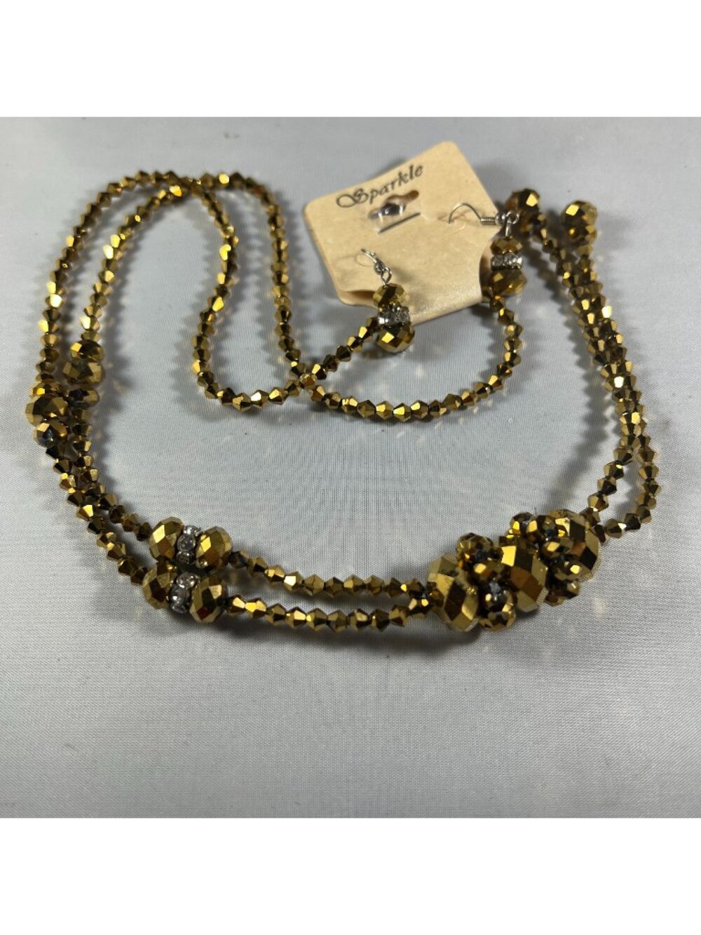 Gold Beaded Necklace & Earrings Set With Rhinestone Accents By Sparkle